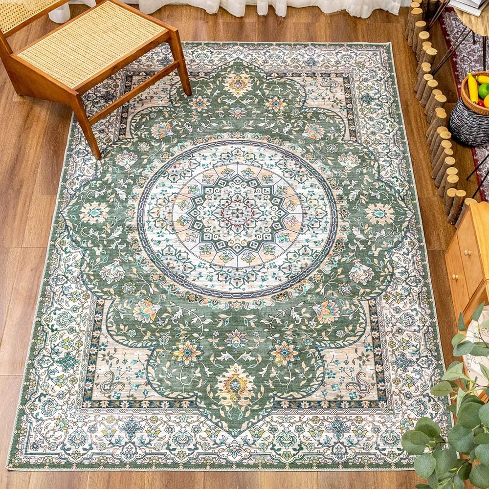DECOMALL Carpet 3 Tatami Persian Carpet Style Rug Mat 200X250CM Washable Floral Pattern All Seasons Lightweight Anti-Slip Dust Mite Resistant Odor Resistant Green Compatible with Underfloor Heating