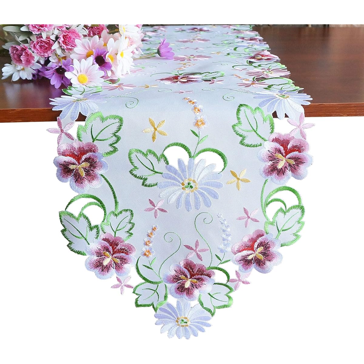 Spring Floral Table Runner 13" x 54" Embroidered Cutwork Floral Fabric Dresser Scarf for Home Kitchen Dining Easter Holiday Tabletop Decor (Runner 13" x 54" White)