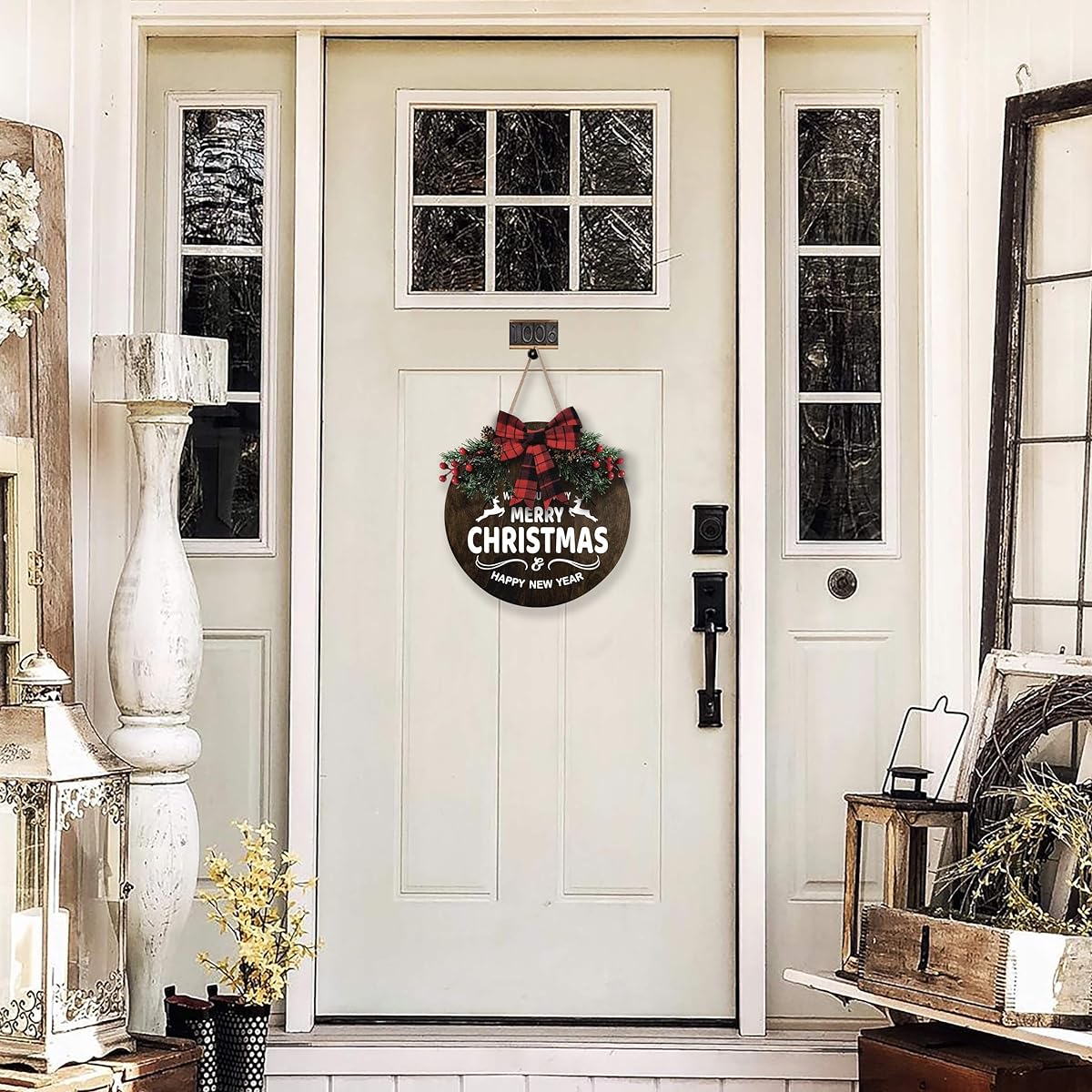 MayAvenue Funny Christmas Wreath Decorative Sign Front Door Round Wooden Hanging Sign with Ribbon Bow Artificial Pine Branches Green Leaves Farmhouse Porch Decorations for Home Christmas Brown