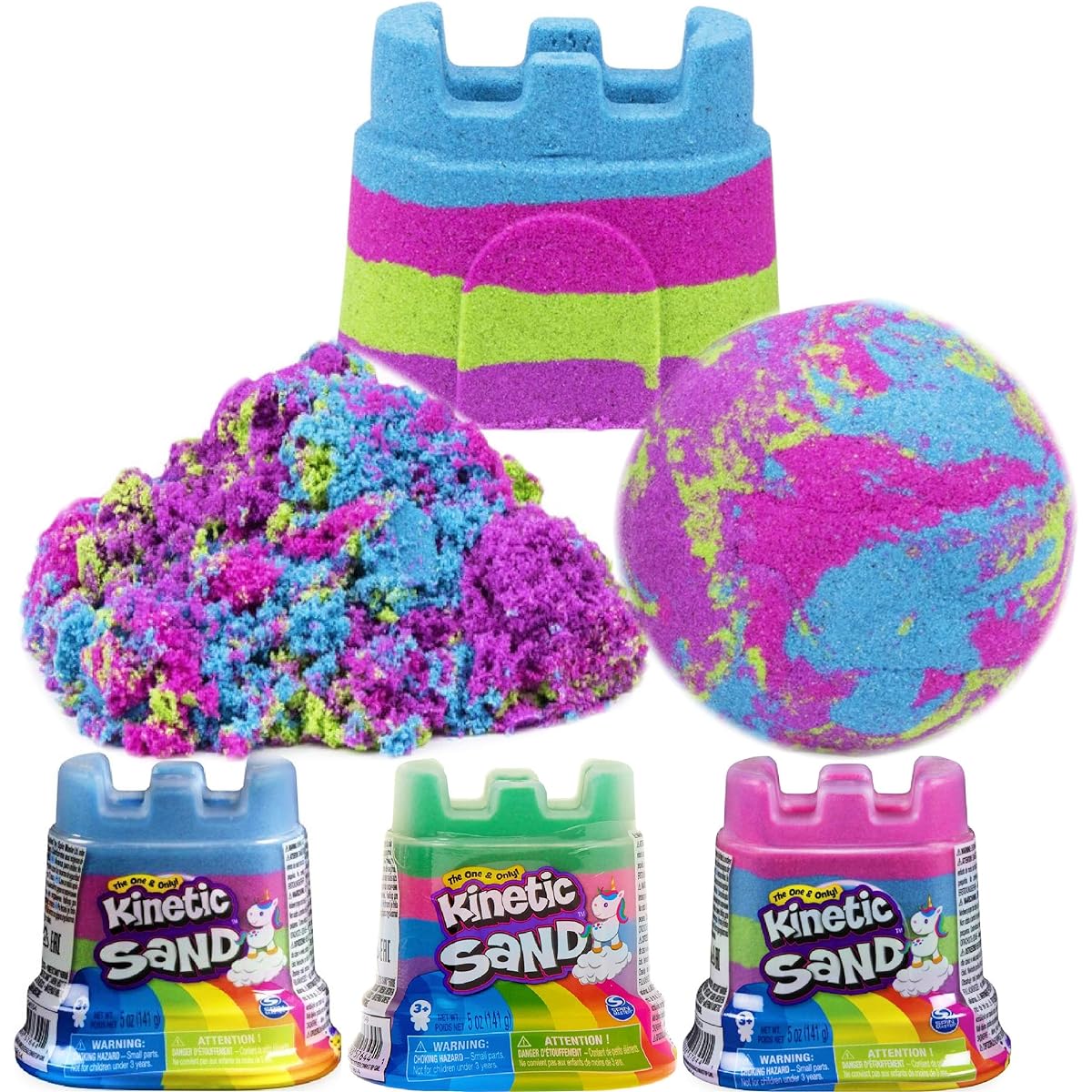 Kinetic Sand Rainbow Modeling Sand 5oz Unicorn Castle Container Gift Set Party Bundle with Bonus Matty's Toy Stop Storage Bag - 3 Pack