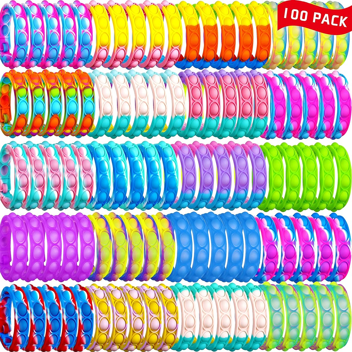 DOPWQAA 100pcs Push Pop Fidget Bracelet Toys Fidget Popper Bracelets Pack, Durable Adjustable Multicolor Stress Relief Finger Press Bracelets for Kids and Adults ADHD ADD Autism