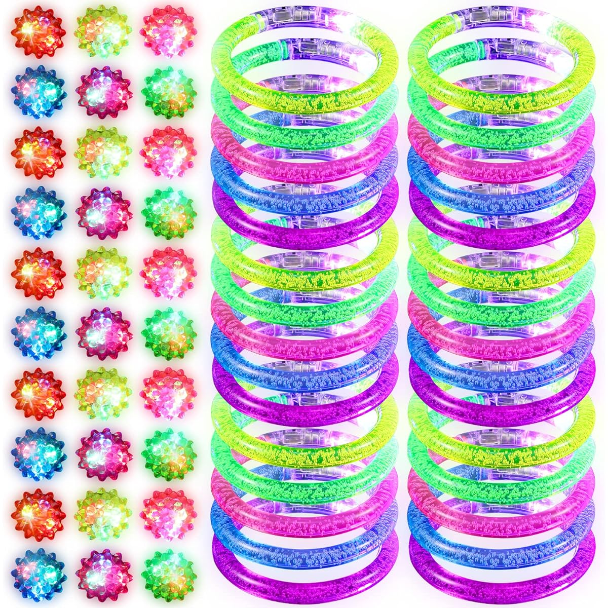 60 Pieces Glow in the Dark Party Supplies 30 Pieces Light Up Rings and 30 Pieces LED Glow Bracelets Colorful Rubber Bumpy Rings Neon Bracelets Kids Adults Party Favors Glow Classroom/Birthday Party Gifts, Rubber
