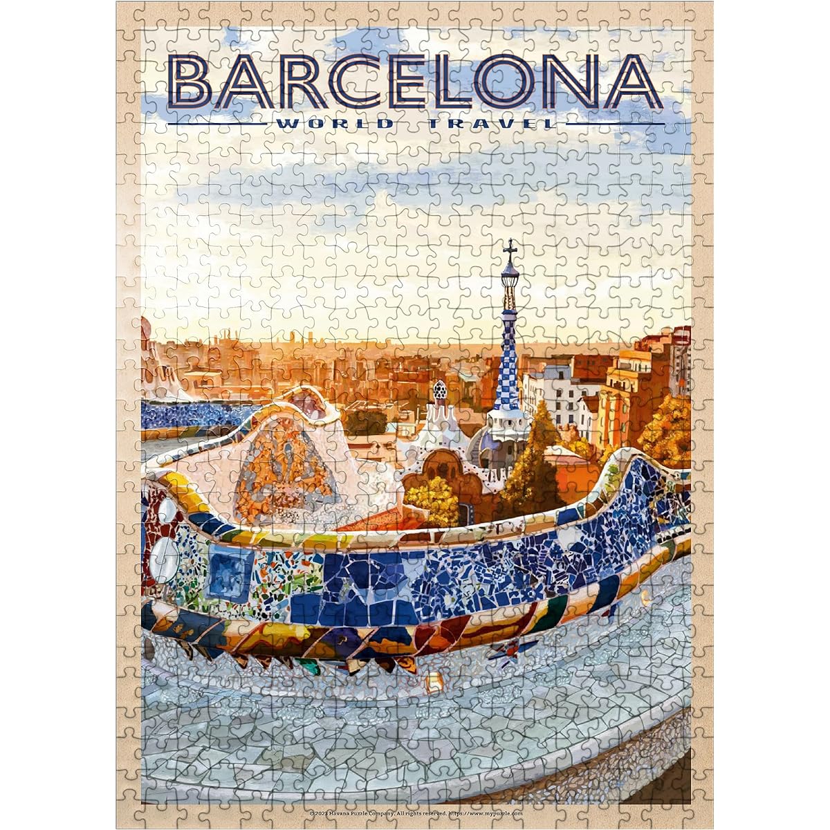 Barcelona Spain Park Guell Mosaic Mirage at Sunset Vintage Travel Poster Premium 500 Piece Jigsaw Puzzle for Adults