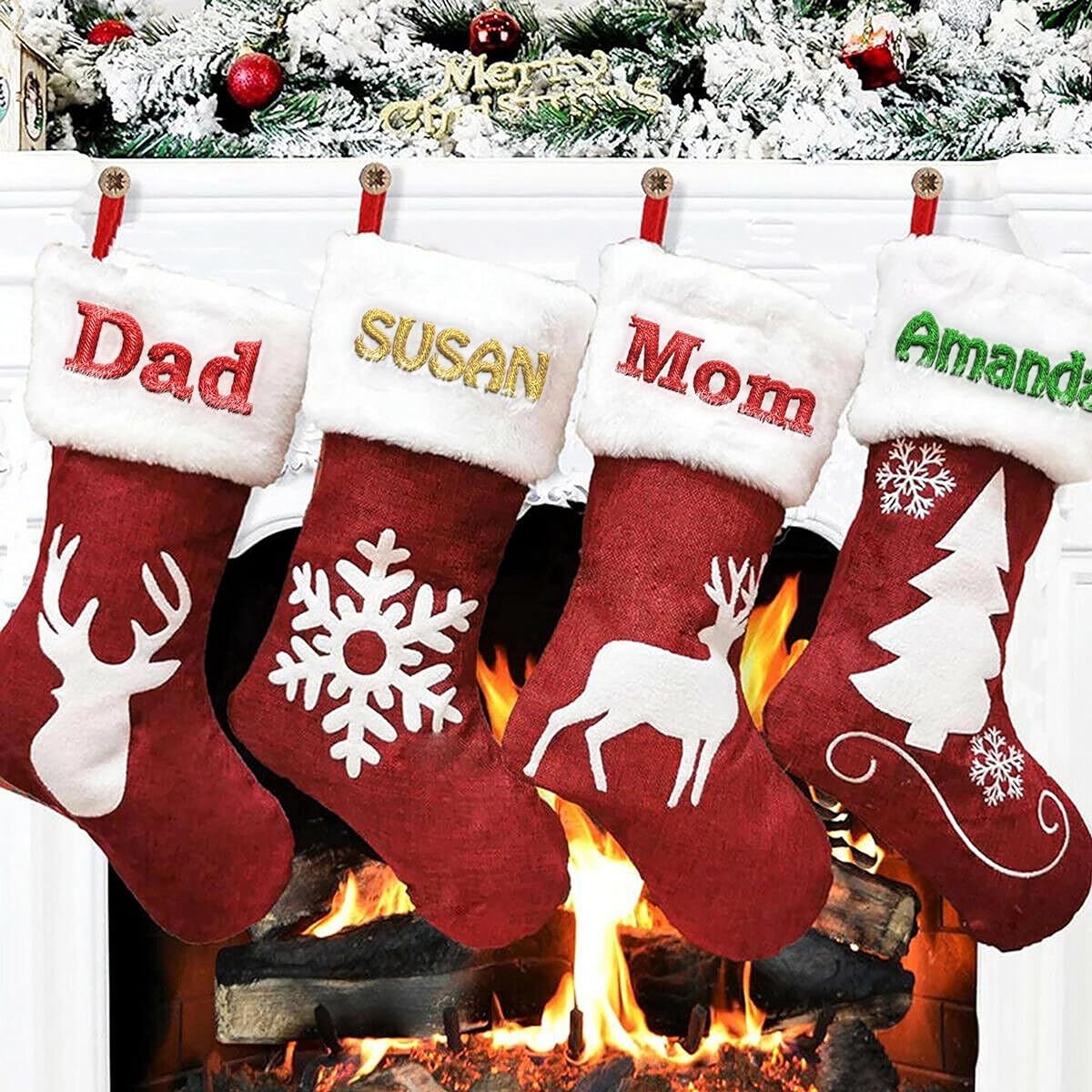 Personalized Christmas Stockings (20") Custom Embroidered Name Fleece & Linen Burlap Red Rustic Farmhouse Fireplace Family Decor Holiday 2023 Christmas Gifts - 5 Pack