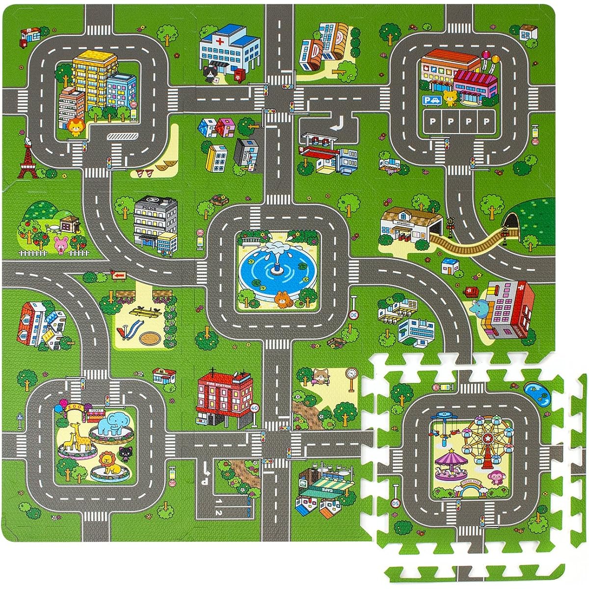 Sorbus Traffic Play mat Puzzle Foam Interlocking Tiles - Kids Road Traffic Play Rug - Children Educational Playmat Rug Baby Play Set Mat - Great for Playing with Toy Cars Trucks (9 Tiles with Borders)