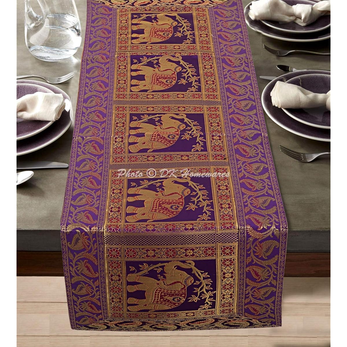 DK Homewares Indian Ethnic Centerpiece Birthday Party Coffee Table Decoration Purple Gold Brocade Satin 150 x 40 cm Jacquard Elephant Floral 5 ft Table Runner (60 x 16 Inch)