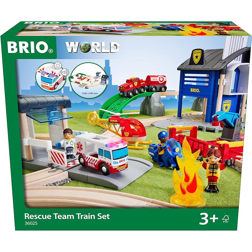 BRIO WORLD Rescue Team Set 36025 [44 pieces in total] Ages 3 and up (Electric vehicle, train, toy, wooden rail) Red, Green, Blue, Yellow