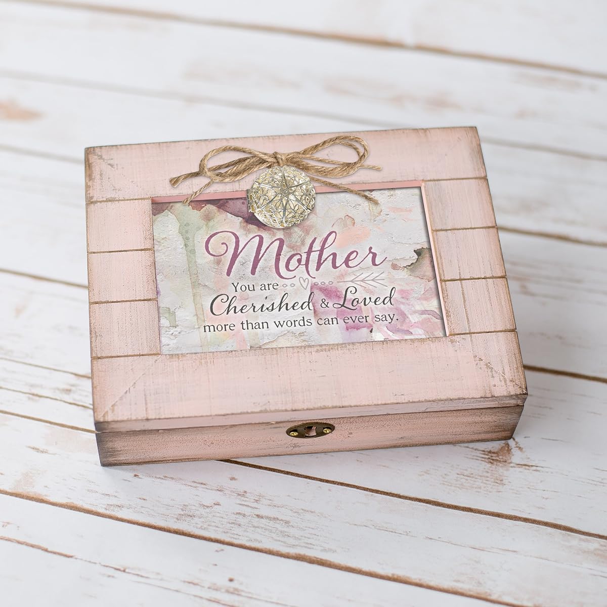 Cottage Garden Mother Cherished Loved Blush Pink Distressed Locket Music Box Plays Wind Beneath My Wings