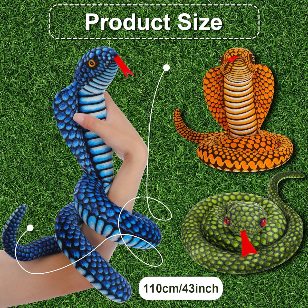 3 Pack Cobra Snake Stuffed Animals, Long Snake Plush Toys, Realistic Snake Toys with Red Tongue, Great Gifts for Teens, Halloween Party Favors, 3 Styles, 43 Inch