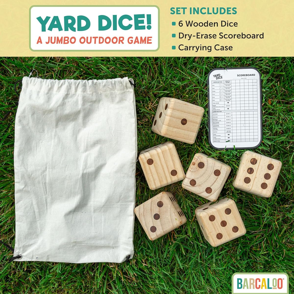 Barcaloo Giant Wooden Yard Dice - Yardzee Outdoor Game Set 3.5" - 6 Jumbo Dice Scoreboard with Durable Carry Bag - Fun for All Ages