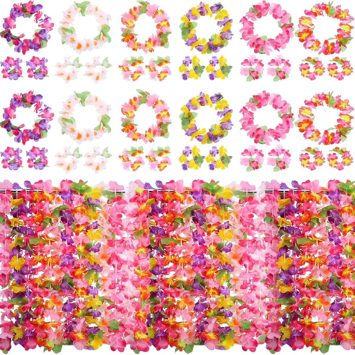 36 Count Hawaiian Leis Tropical Flowers Railau Party Supplies Garland Bracelets Headbands Necklaces Summer Beach Holiday Birthday Party Favors Decorations