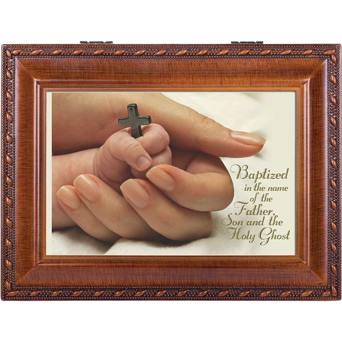 Baptized in the Name of Wood Grain Finish Music Jewelry Box - Plays Jesus Loves Me