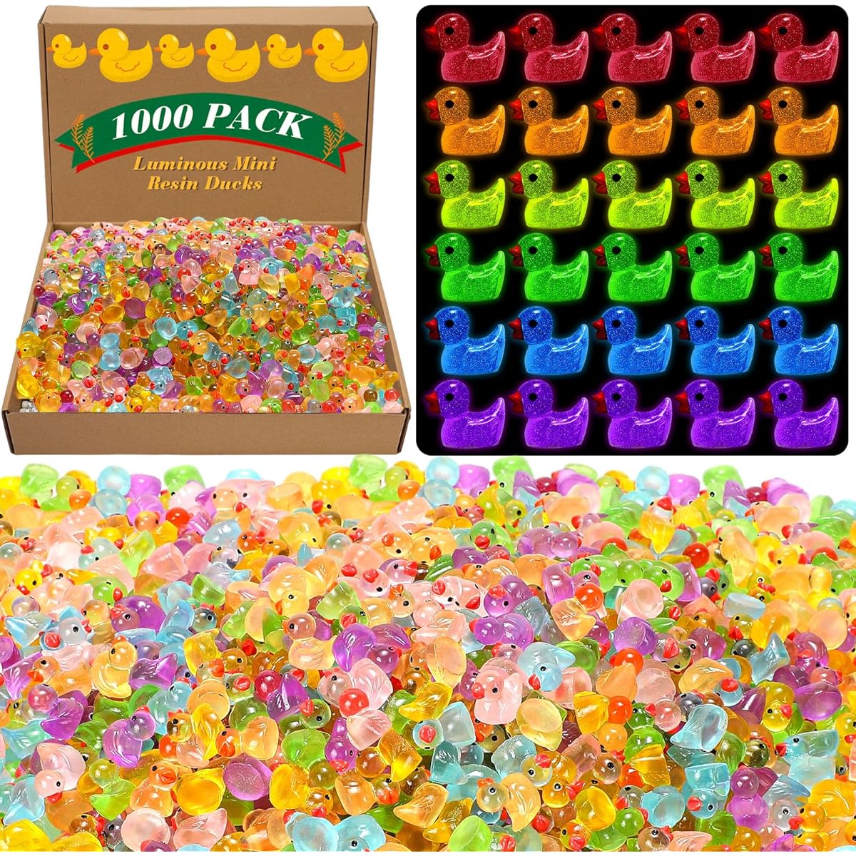 Barydat 1000 Pack Luminous Mini Resin Duck Bulk Prank Idea Gift Glow in the Dark Little Duck Mini Resin Animal Miniature Little Duck Micro Fairy Garden Dollhouse Ornament