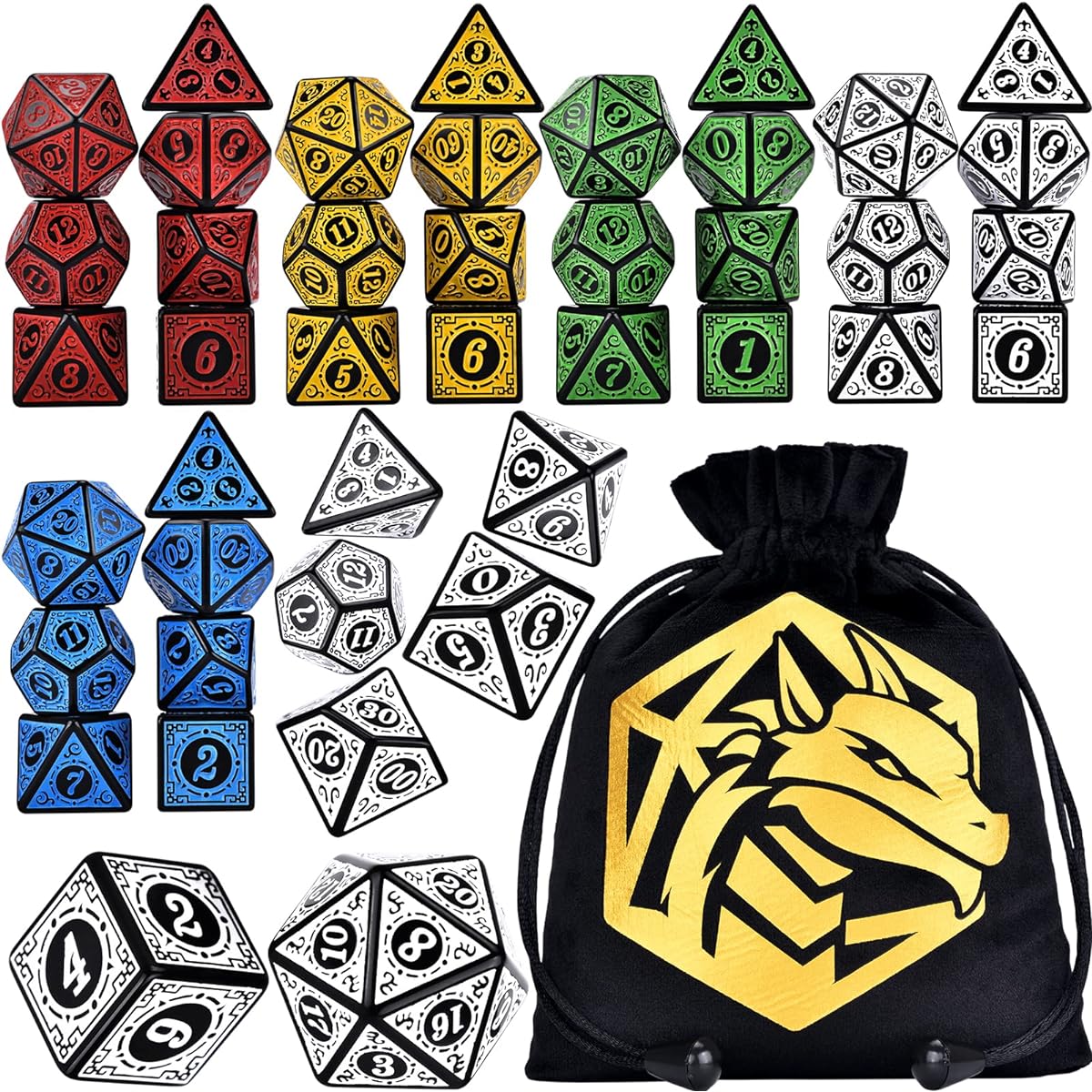 Polyhedral Engraved Dice 6 x 7 Dice (42 pcs) with Bag for Dungeons & Dragons Tabletop Games