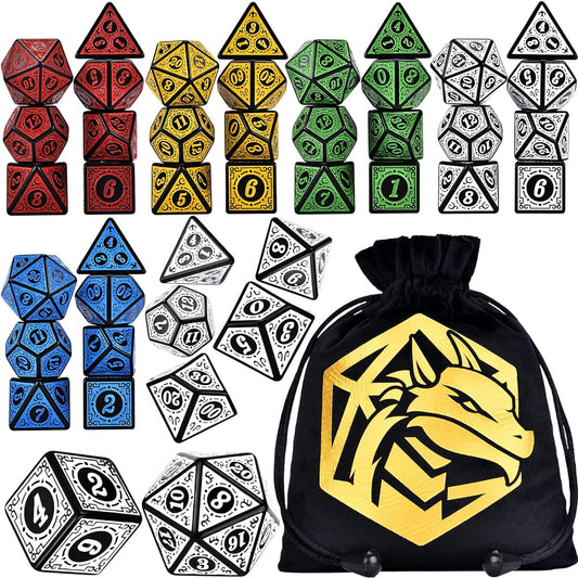 Polyhedral Engraved Dice 6 x 7 Dice (42 pcs) with Bag for Dungeons & Dragons Tabletop Games
