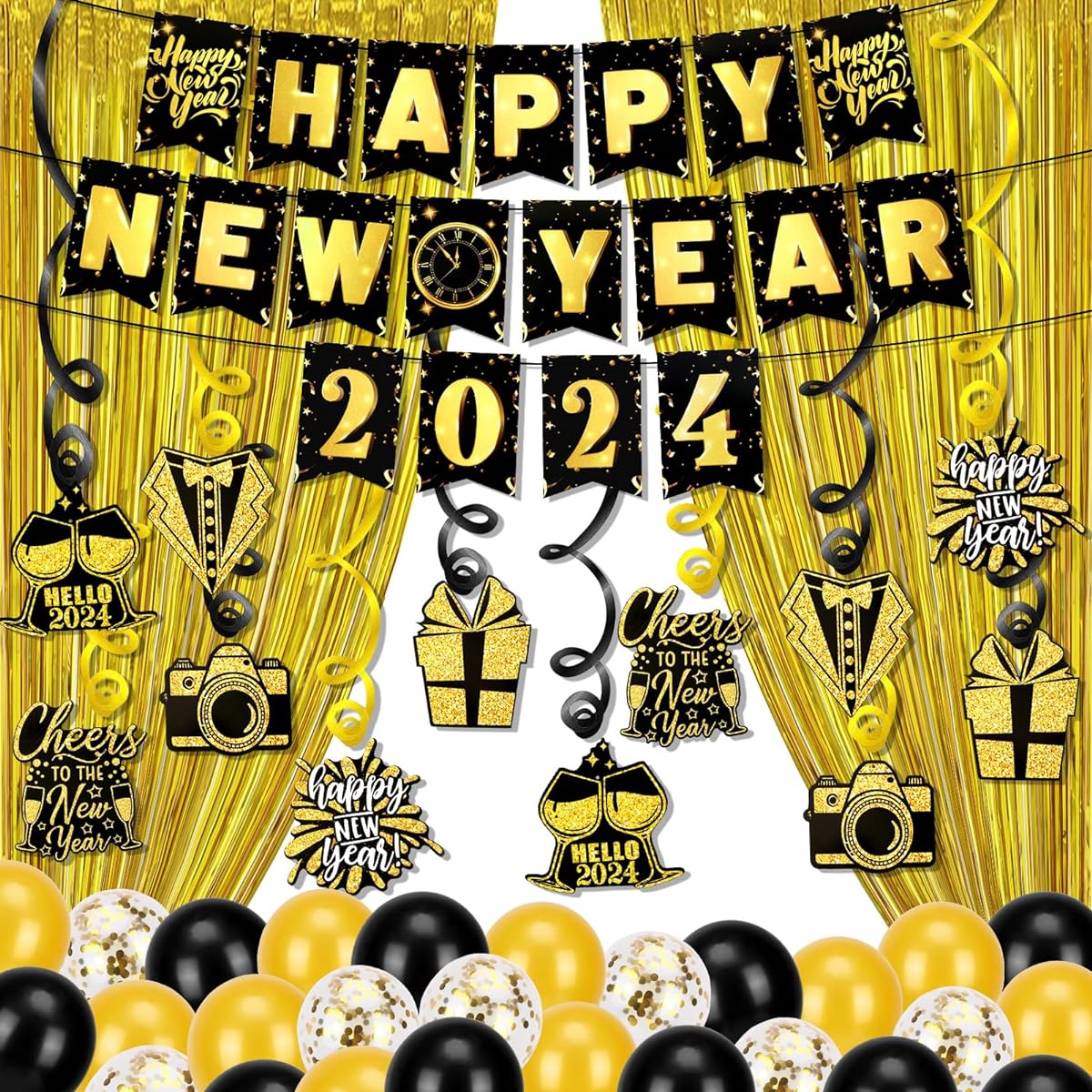 HOWAF Happy New Year Decorations 2023 Set 54 Pack Gold Fringe Backdrops 2023 Happy New Year Hanging Banner Happy New Year Hanging Swirl Decorations New Year Balloons 2023 New Year's Eve Party Supplies