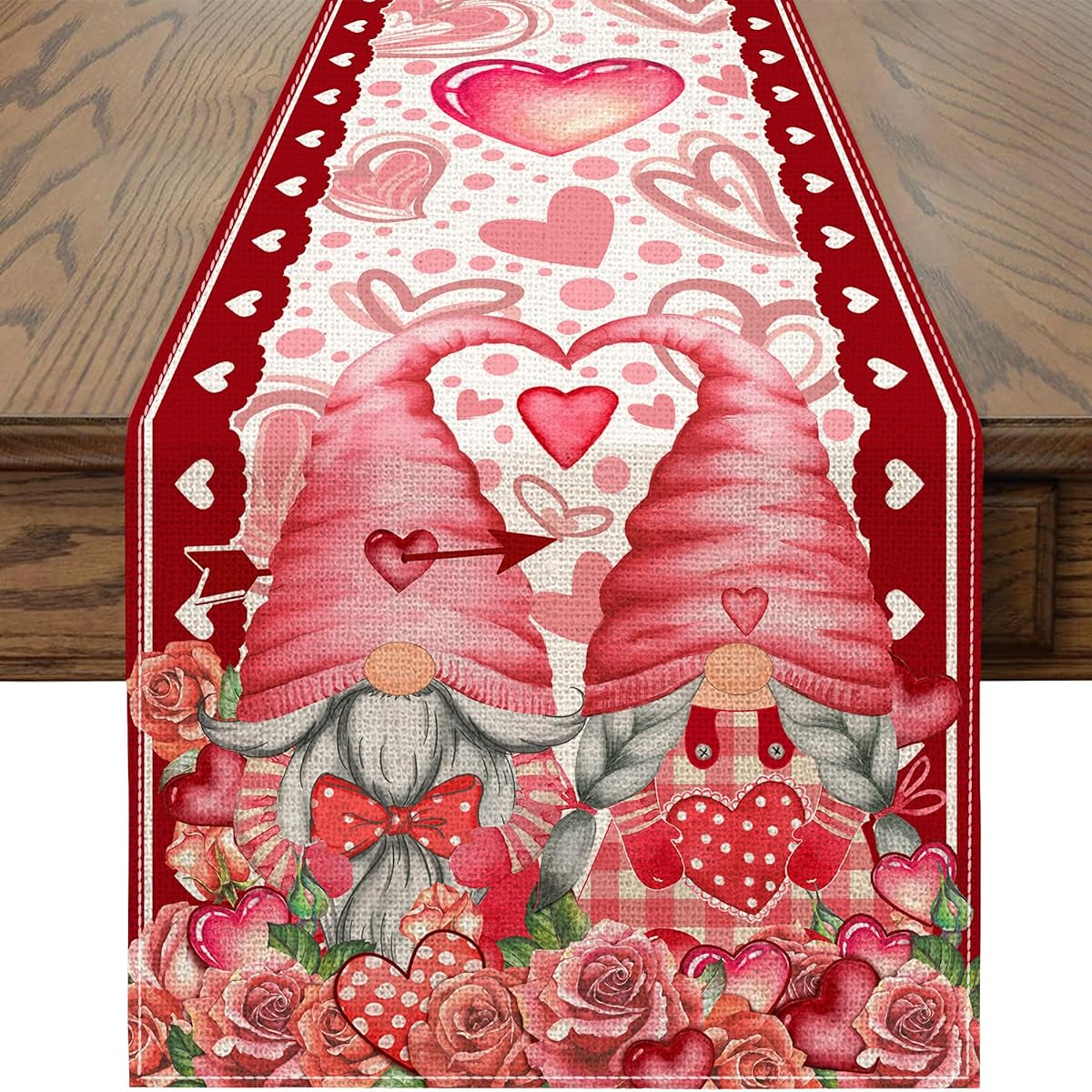 Valentine's Day Table Runner Valentine Table Runner Pink Red Love Heart and Rose Gnome Valentine's Day Runner for Table 72 Inch Small Table Runner Rug for Home Dining Room Decor