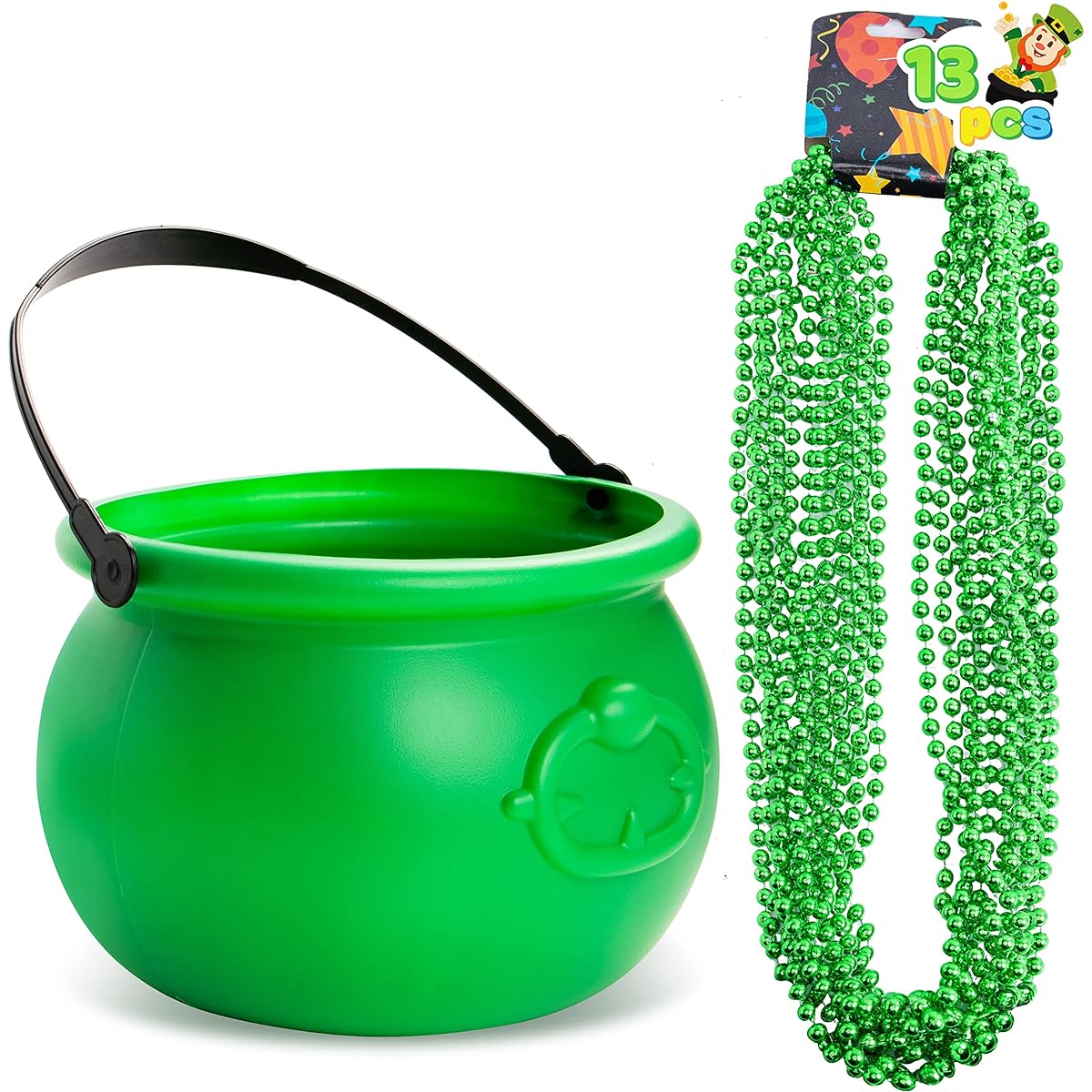 JOYIN St. Patrick 8" Green Cauldron Metallic Bead Necklace Set of 12 Mardi Gras St. Patrick's Day Party Favors Decorations Lucky Leprechaun Pot Plastic Cauldron Pot