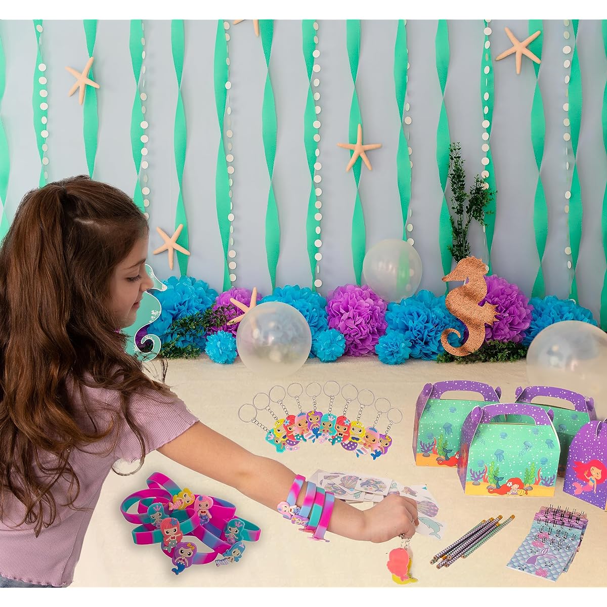 Mermaid Party Favor Set - 12 boxes, 12 bracelets, 12 keychains. 12 books, 144 tattoos, 12 pencils.