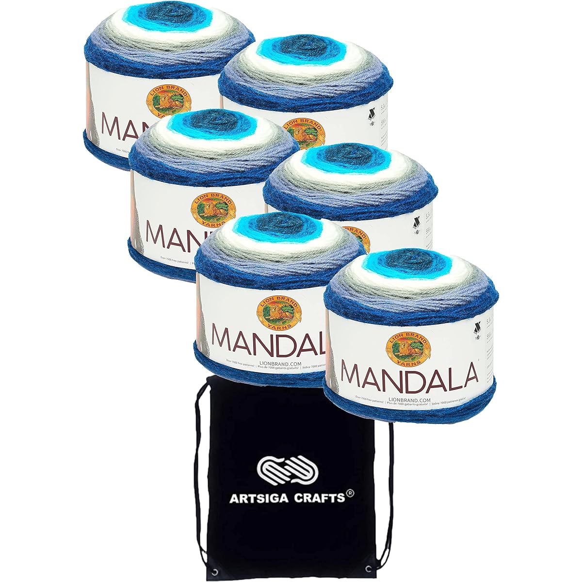 Lion Brand Mandala Yarn Mermaid 525-223 (6 Skeins) Same Dyed Lot DK Light Worsted #3 Soft Knitting Yarn Crochet 100% Acrylic Bundle with 1 Artsiga Craft Bag