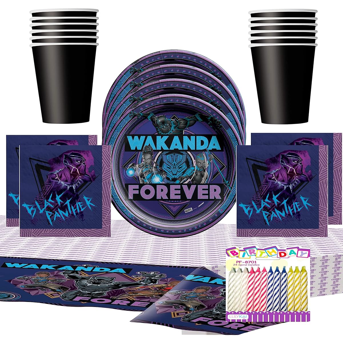 Marvel Black Panther Wakanda Party Supplies Pack with 16-9" Plates, Luncheon Napkins, Cups and Table Cover, Birthday Candles, Wakanda Forever Bundle, Serves 16 Guests