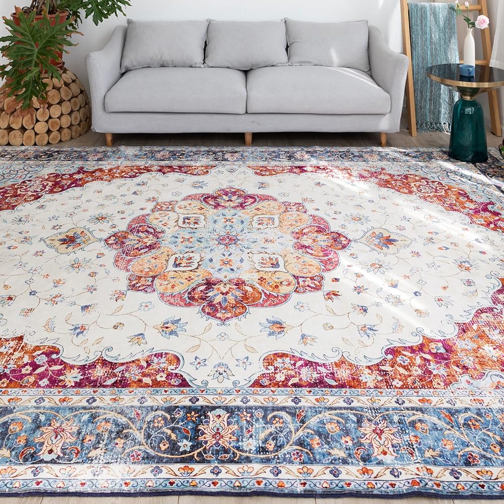 u-living Carpet 3 Tatami Persian Rug Style 200x250CM Washable Floral Pattern Rug Mat Fluffy Thick Anti-Slip Blue Water Repellent Dust Mite Resistant Odor Resistant Compatible with Floor Heating