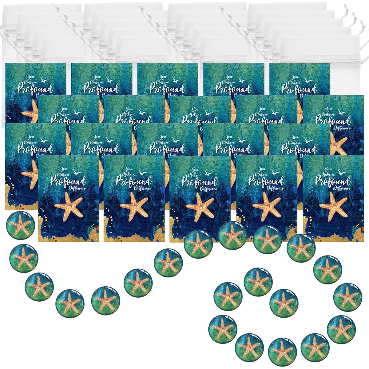 Smiling Wisdom - Starfish Story Magnet Gift Set - Full Color Thank You Note Cards, Pull String Bags, and Fridge Starfish Magnets - Blue & Green - 60 Pieces