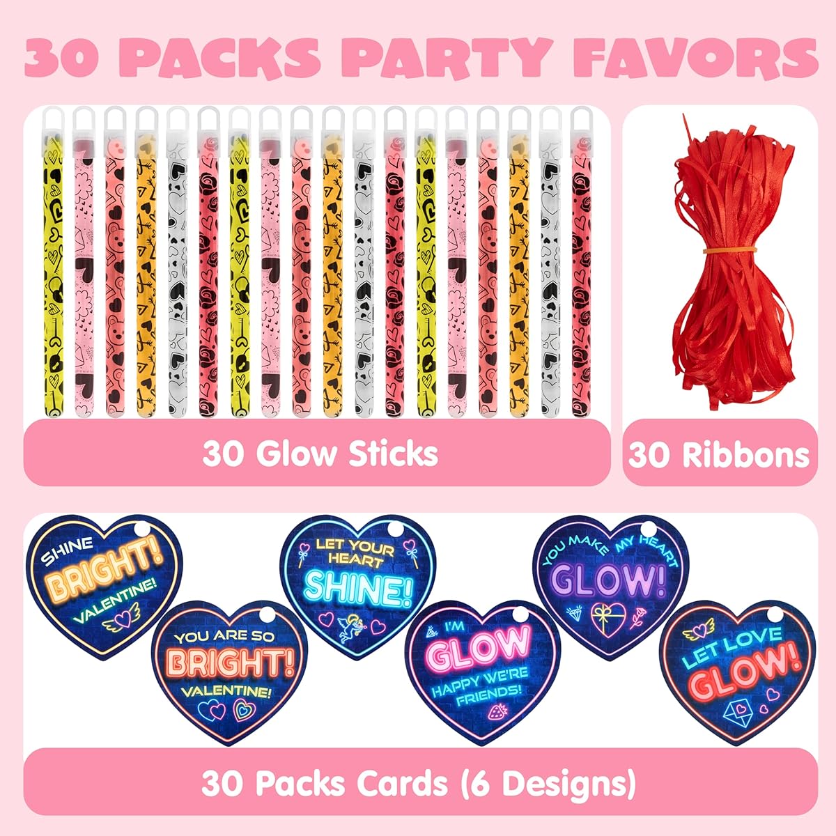 JOYIN Valentine's Day Gift Cards with Bright Large Glow Sticks, Valentine Party Favors, Waterproof Glow Sticks, Valentine Classroom Exchange Toys, Valentine School Classroom Favors, Pack of 30