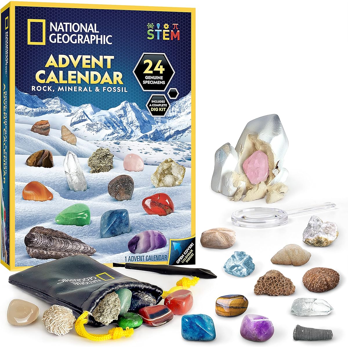 NATIONAL GEOGRAPHIC Stone Collection 2022 Advent Calendar - Advent Calendar for Kids - 24 Gems/Mires/Fossils - Gem and Fossil Christmas Countdown Calendar - Includes Little Gem Mining Kit