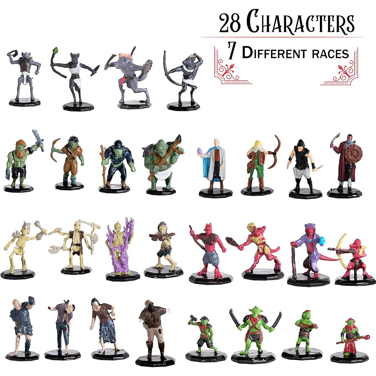 28 Painted Fantasy Minifigures - All Unique Designs - 1" Hex Size Compatible with Dnd, D&D Dungeons and Dragons, Pathfinder, RPG Tabletop Games - Features Goblins, Orcs, Gnolls, Skeletons and More