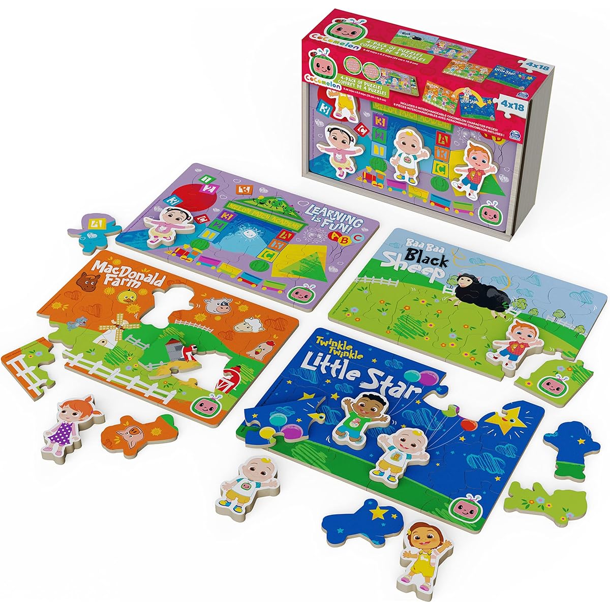 CoComelon Wooden Puzzle 4 Pack Jigsaw Puzzle Toy Gift Set with Interchangeable Characters for Kids Ages 3+