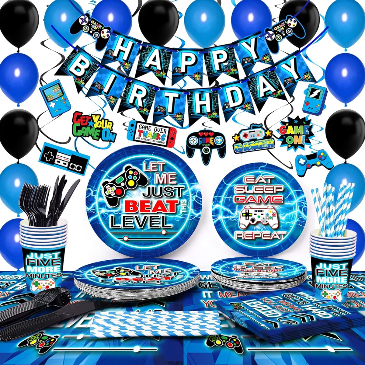 TMCCE Blue Video Game Party Supplies Gaming Party Decorations Paper Plates Cups Napkins Straws Hanging Swirls Balloons Happy Birthday Banner for Gamer Birthday Party Decorations (No Tablecloth)