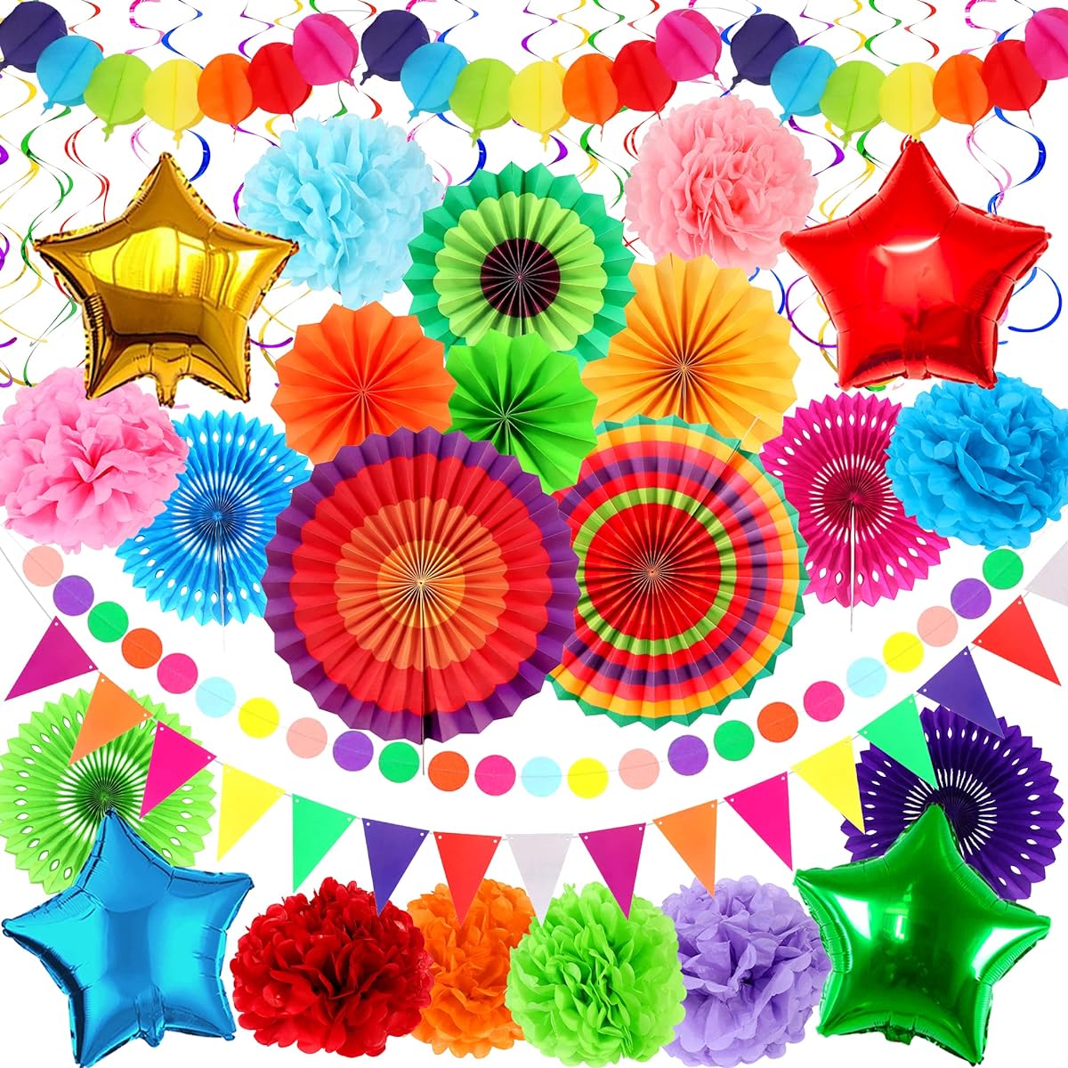 Multicolor Paper Fans, Pom Poms, Swirls, Banners & Balloons