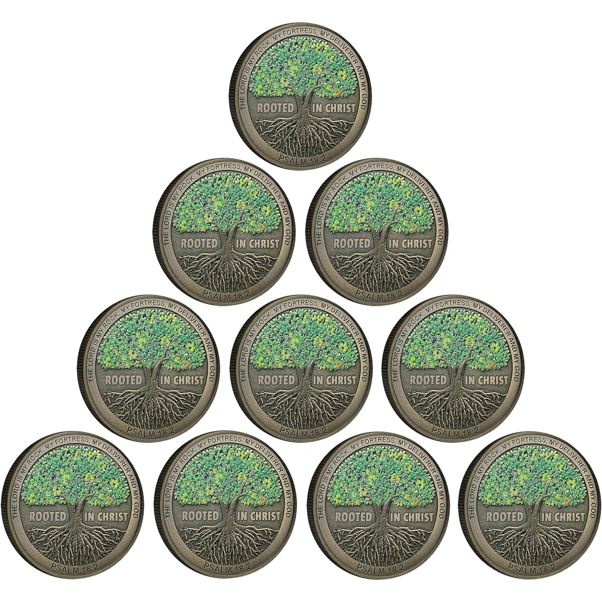 Rooted in Christ The Lord is My Rock, My Fortress, My Deliverer Faith-Based Christian Challenge Coin Bible Verse Gift (Pack of 10)
