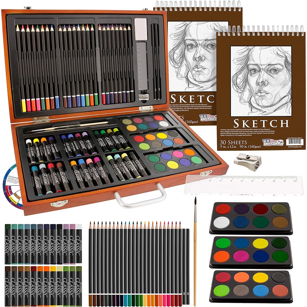 US Art Supply 82 Piece Deluxe Art Creativity Set in Wooden Case with 9x12 90lb 30 Sheet Sketch Pad by US Art Supply