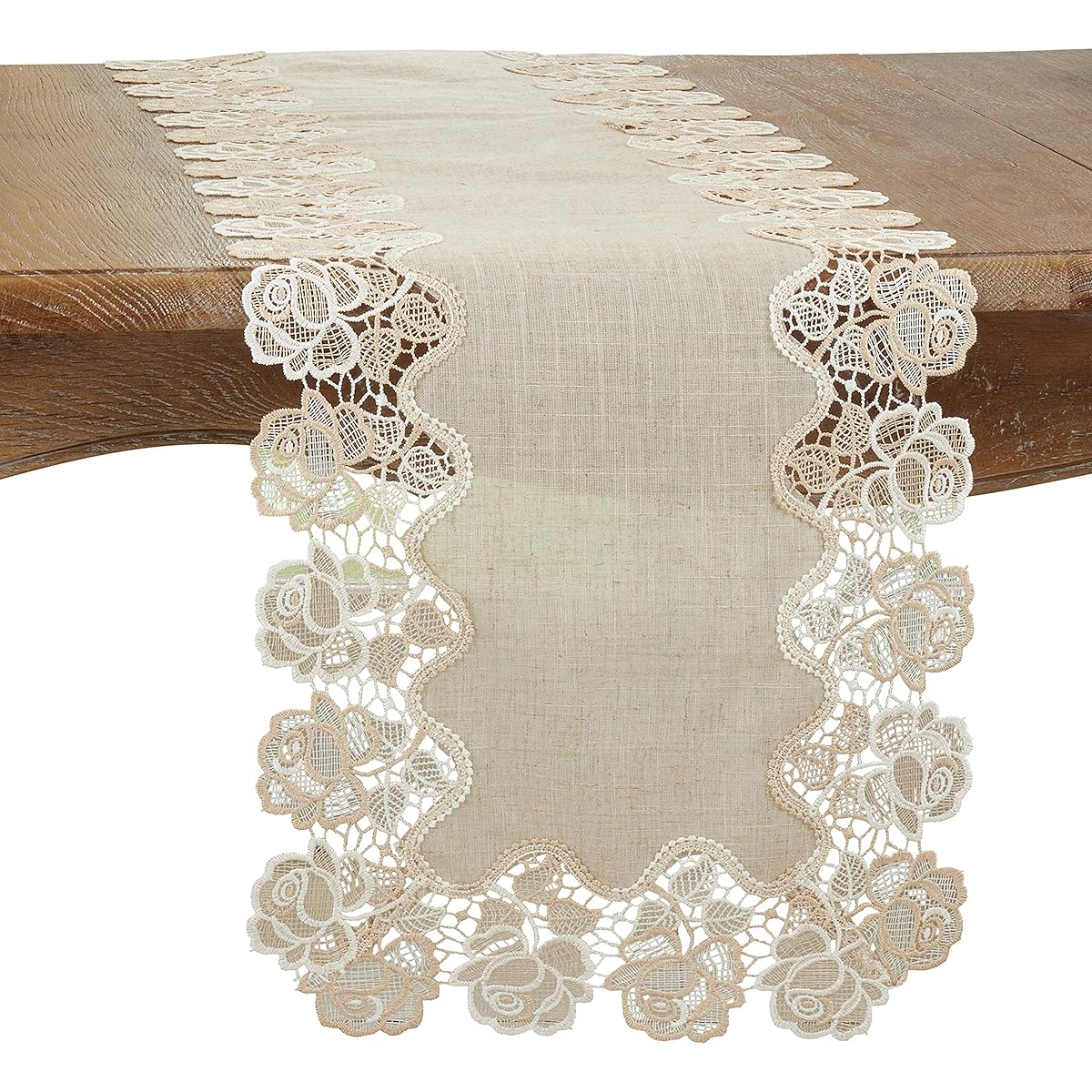 SARO LIFESTYLE KEMA Collection Lace Rose Border Table Runner 16" x 72", Natural