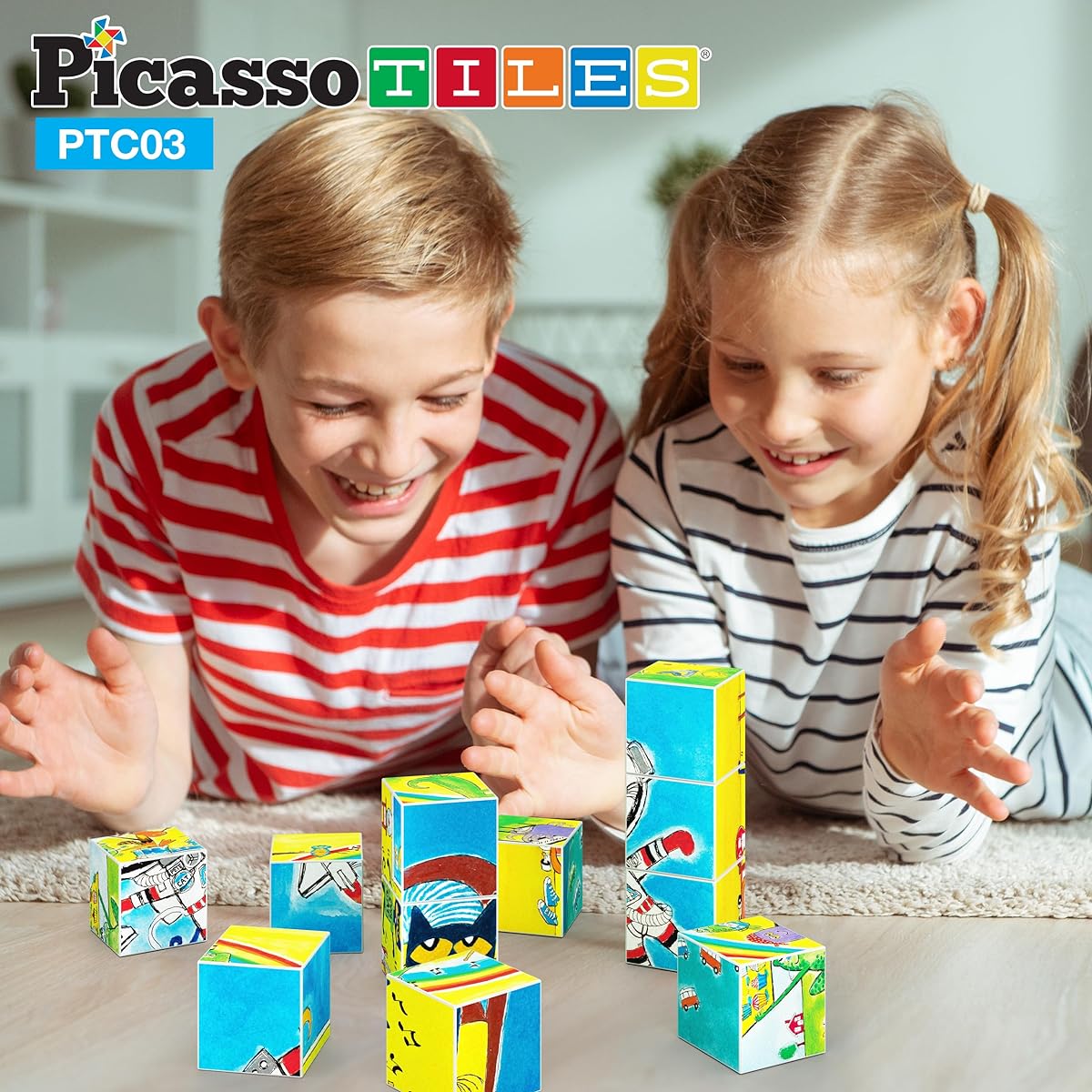 PicassoTiles Pete the Cat Magnetic Puzzle Building Block Cubes, 6 Cartoon Themed Brain Teaser Puzzles Mix & Match Magnetic Playset STEM Educational Toy Set Preschool Sensory Toys Toddlers Ages 6+ PTC03