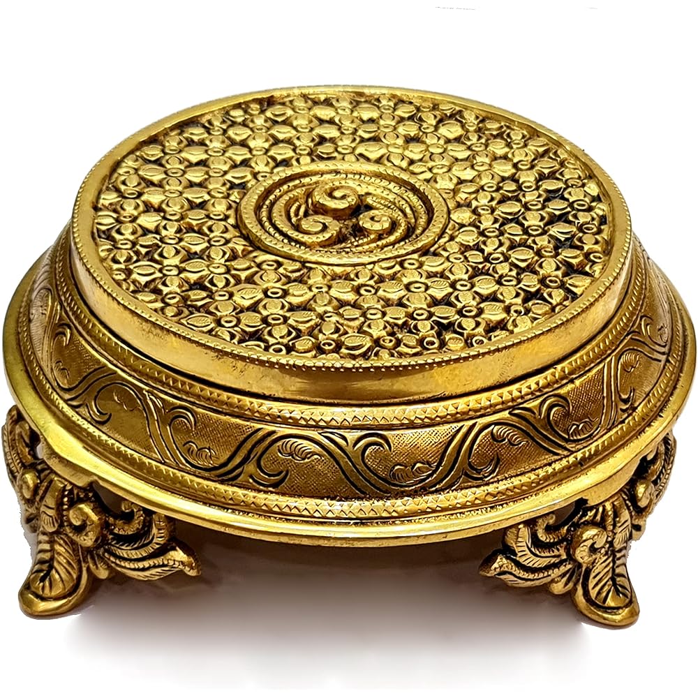 ESPLANADE Brass Decoration Round Puja God Stool | Brass Chowki | Home Decor Sitting Table 7 Inch Medium Gold