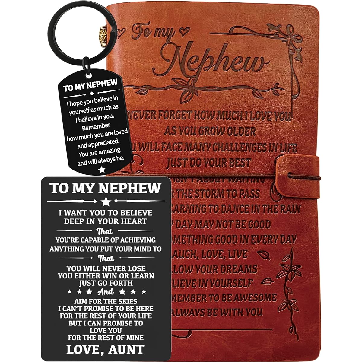 Nephew Gifts from Auntie Nephew Leather Writing Journal 140 Pages Refillable Notebook Graduation Card for Nephew Nephew Keychain I Love My Nephew/Happy Birthday Nephew/Graduation Christmas Gift