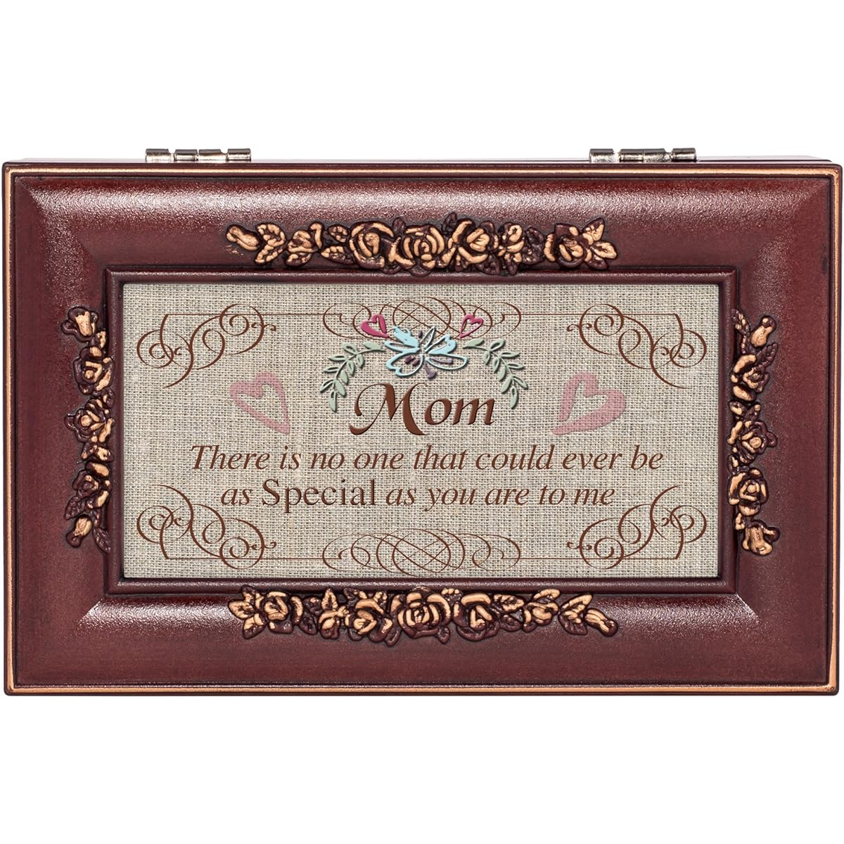 Special Mom Burlap Design Rosewood Finish Jewelry Music Box Plays Canon In D