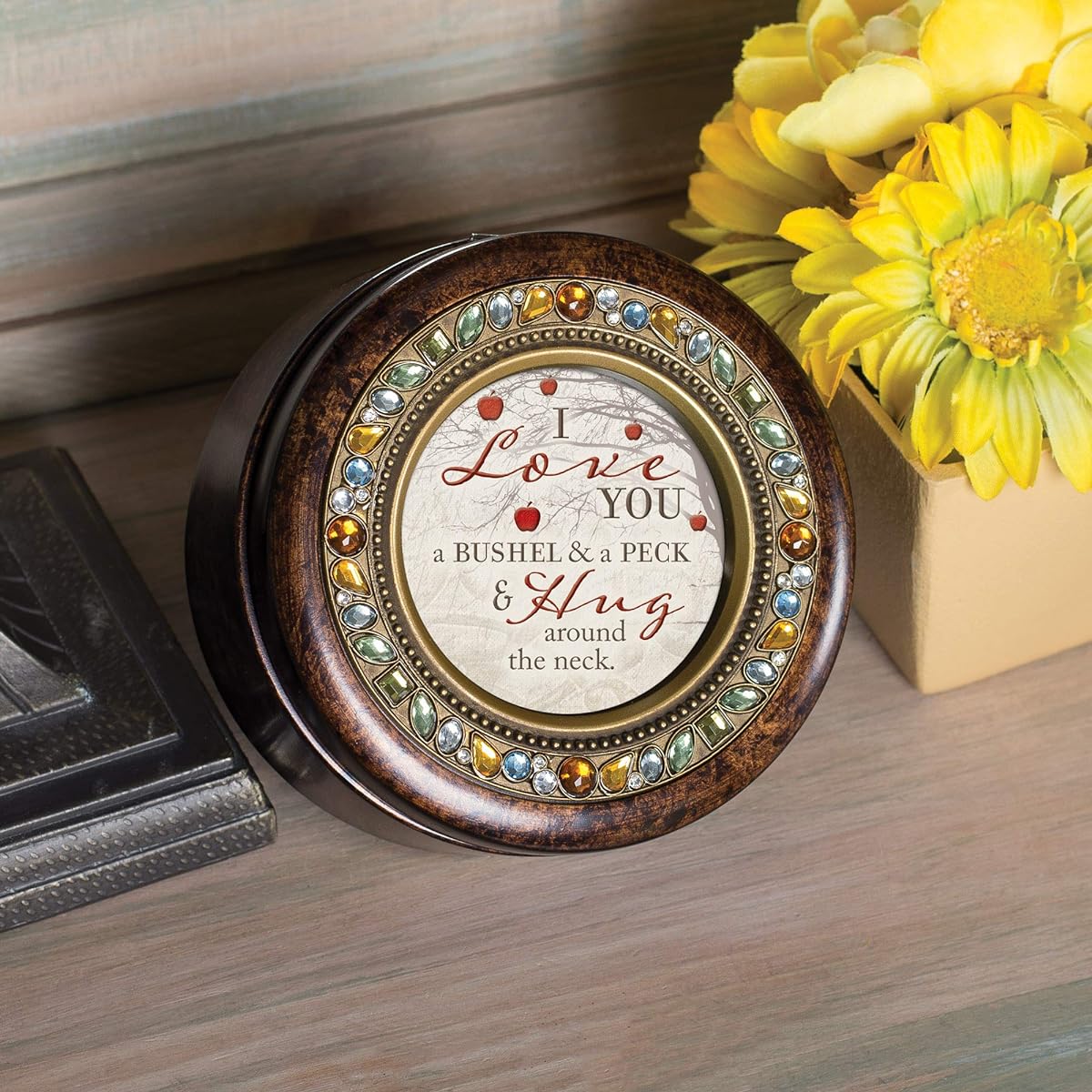 Cottage Garden Love You A Bushel Peck Hug Amber Earth Tone Jeweled Round Music Box The Wind Beneath My Wings.