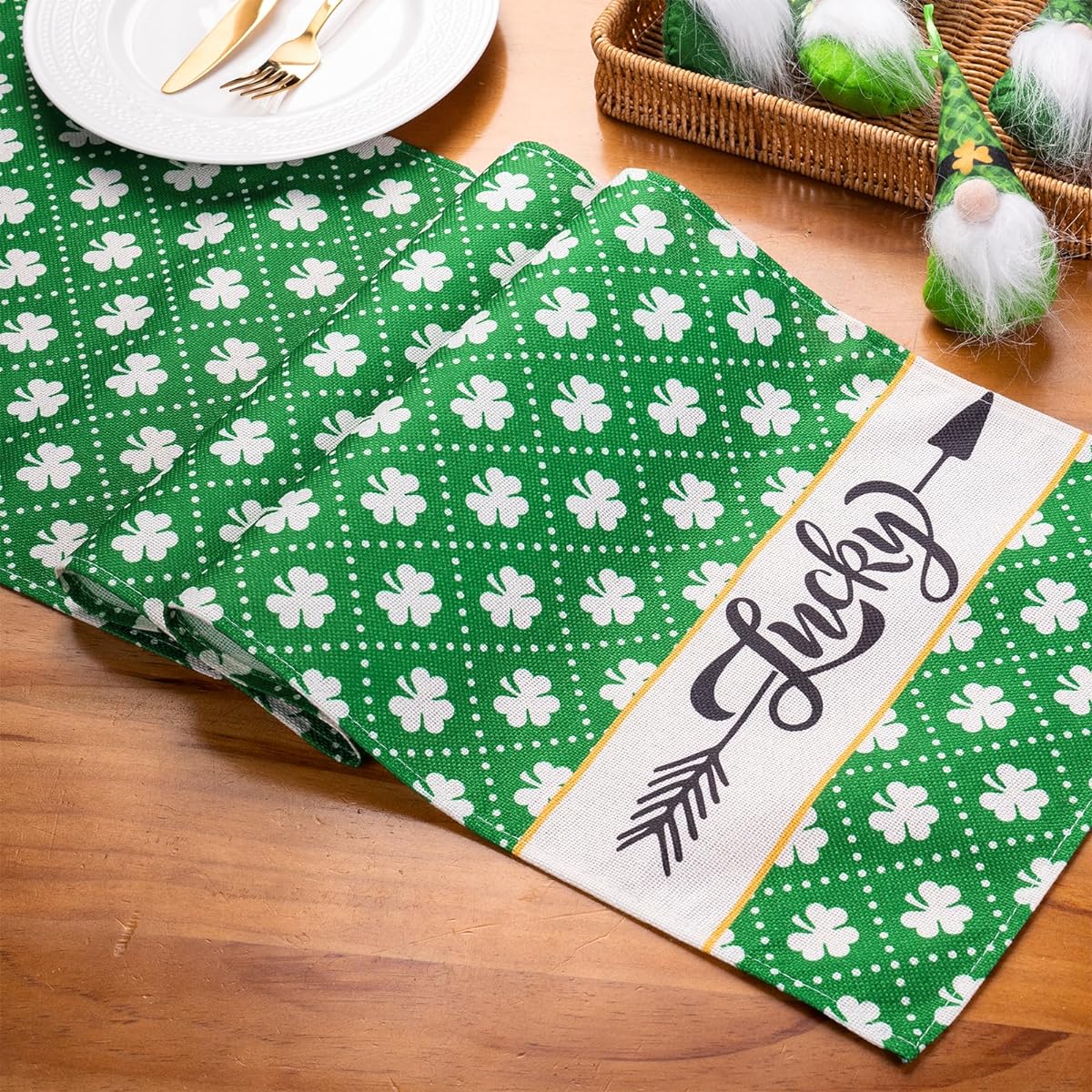 LeZakaa Shamrock Linen Table Runner Kitchen Dining Green Table Decorations for St. Patrick's Day Indoor Outdoor Home Party Decor - 13 x 72 Inch
