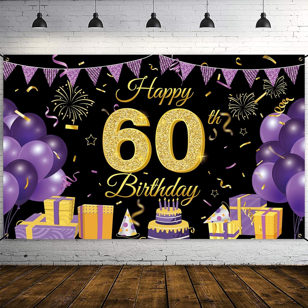 Wiipenex 60th Birthday Backdrop Banner 70.8" x 43.3" Purple Black 60th Birthday Decorations Cheers to 60 Balloons Backdrop Party Supplies Birthday Garden Sign Poster Photo Booth Props