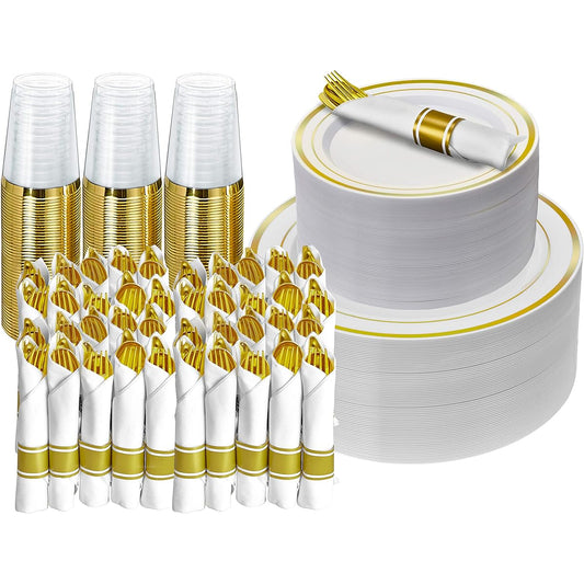 350 Piece Gold Dinnerware Set - Serves 50 - Disposable Gold Dinnerware Set - 100 Gold Rimmed Plastic Plates - 50 Pre-Rolled Linen Look Napkins with Spoons, Forks, and Knives - 50 Gold 10oz Plastic Cups