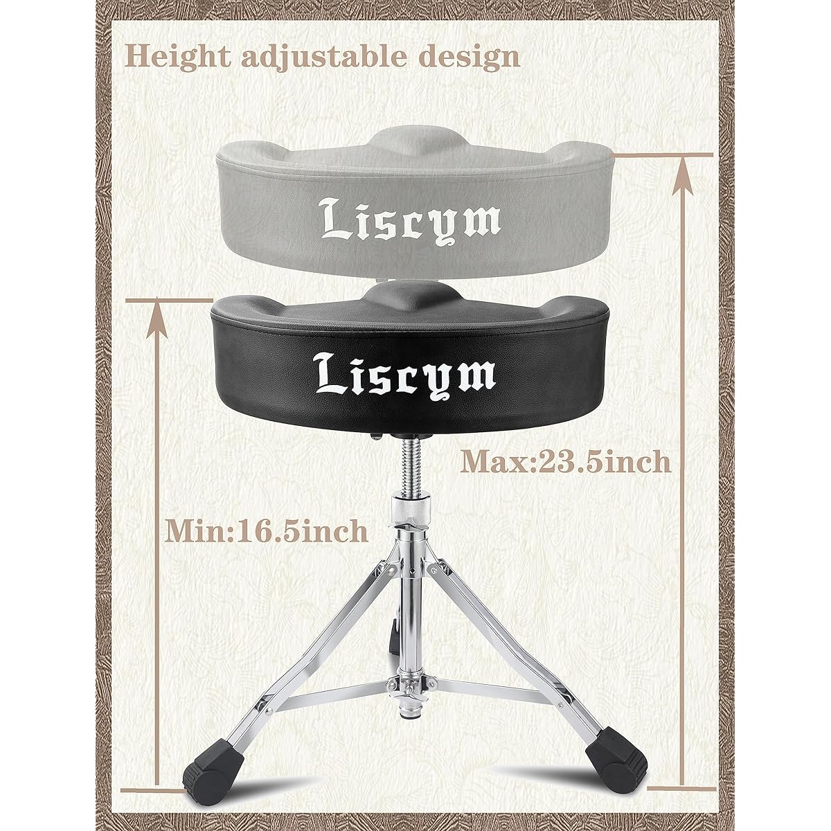 Liscym Drum Throne Height Adjustable Drum Stool Padded Rotatable Top Classic Black Saddle Drum Seat for Adults Portable Folding Drum Chair || Free Drummer Stool Slip Carpet Included