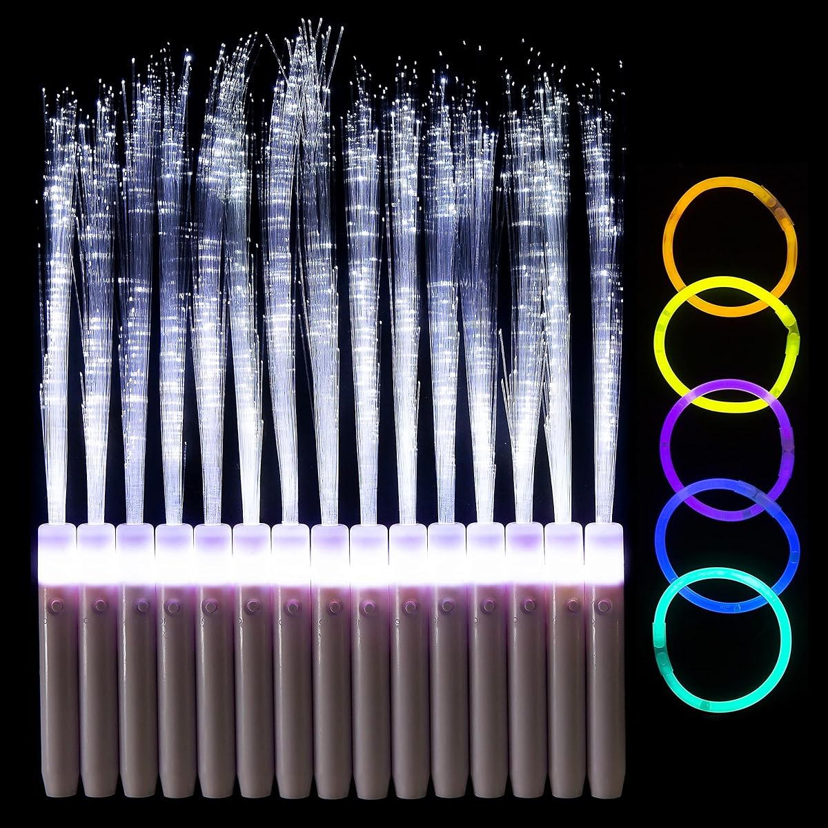 Perfect Party 20pc Fiber Optic Wands Glow Sticks Party Pack! White Light Up Wands Sparklers and Bracelets Set! 15pcs LED Light Sticks, 5 Bracelets and Batteries.
