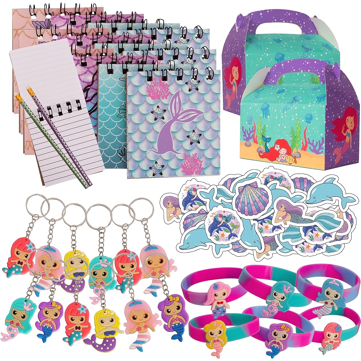 Mermaid Party Favor Set - 12 boxes, 12 bracelets, 12 keychains. 12 books, 144 tattoos, 12 pencils.