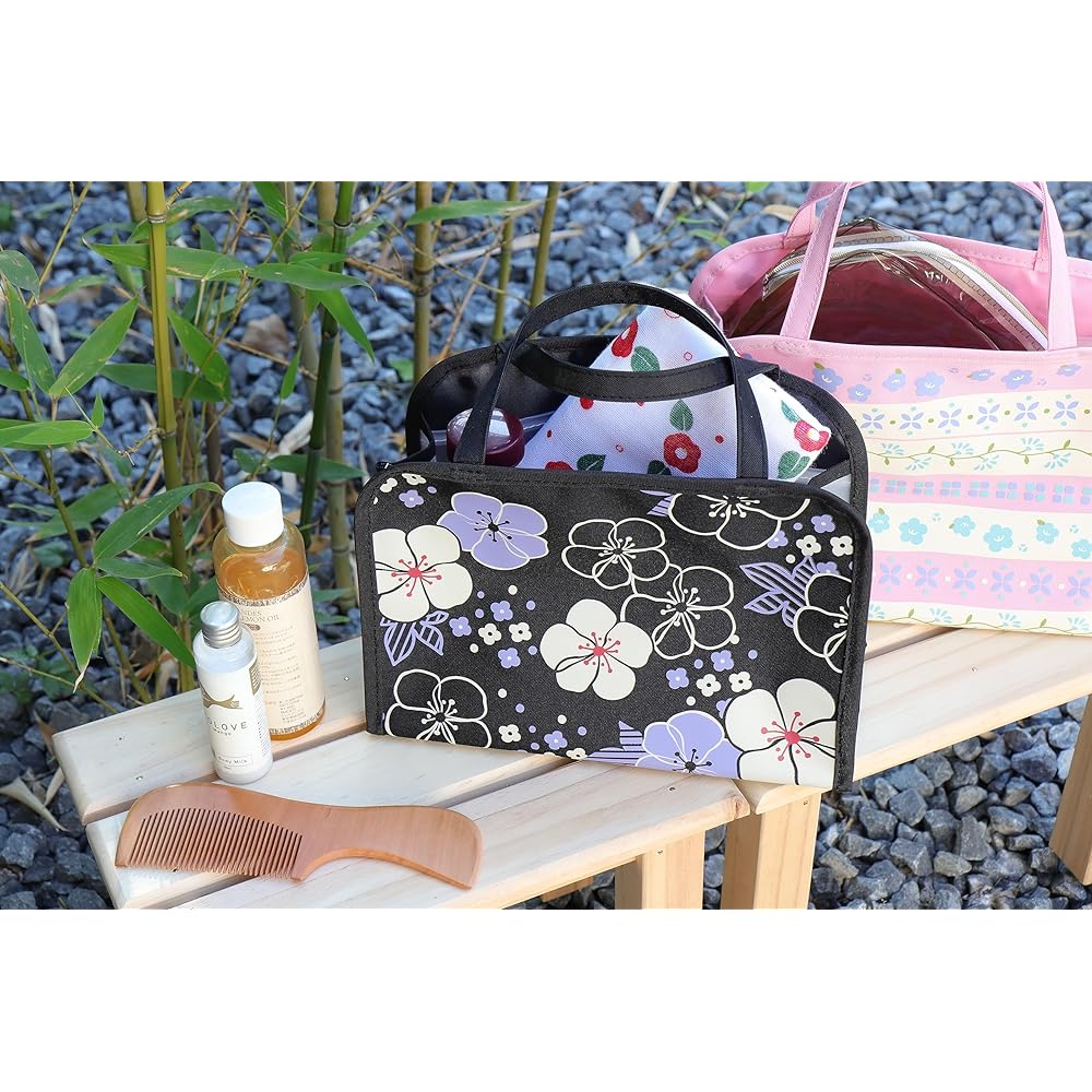 [Styleneo] Spa Bag, Hot Spring Bag, Kyoto Design, Zipper, Pocket Included, Mesh Fabric, Bottom Design, Japanese Style, Hot Spring Pouch (Camellia Black)