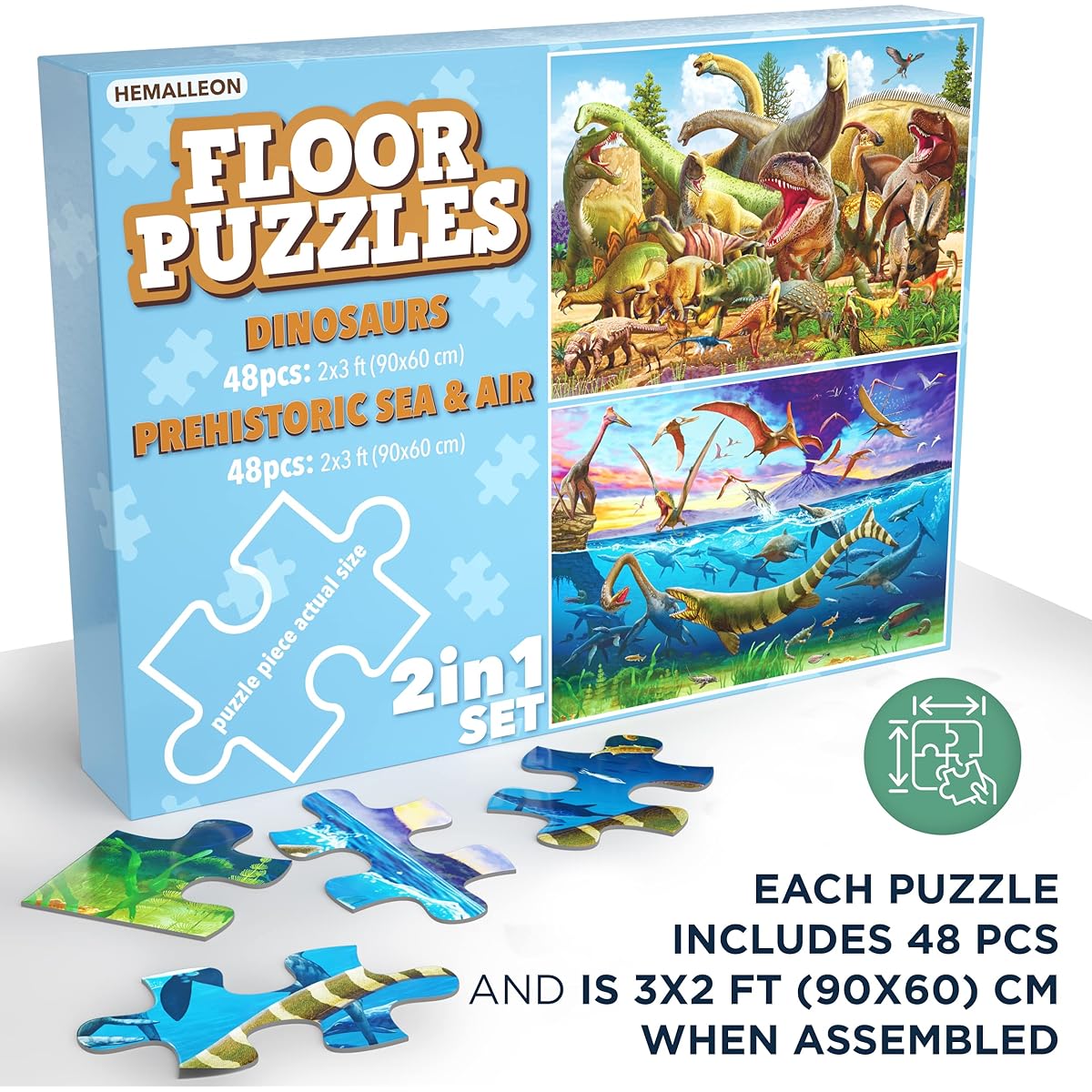 2-in-1 Set Large Dinosaur Floor Puzzle 48 Pieces (3x2ft Each) Dinosaur Puzzle 46 Dinosaur Puzzle for 3-5 Years Old 4-8 Years Old Kids Jumbo Jigsaw Puzzle Educational Gift Box