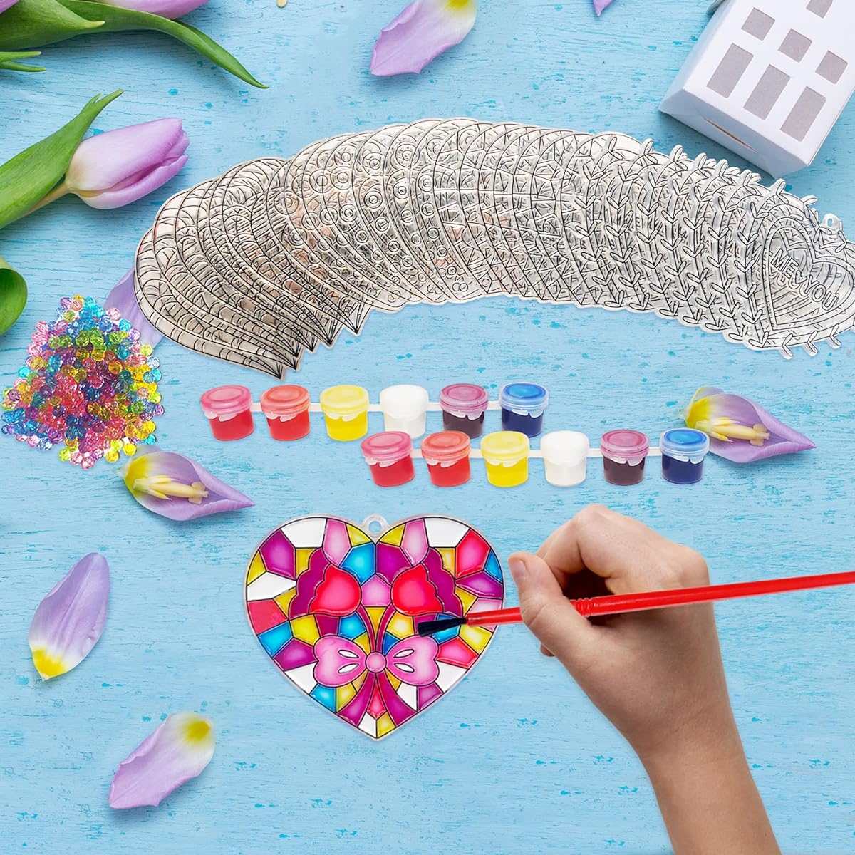 Heart Suncatcher 28 Sets for Windows Valentine's Day Suncatcher DIY Window Painting Art Heart Suncatcher for Classroom Art Craft Mother's Day Party Supplies